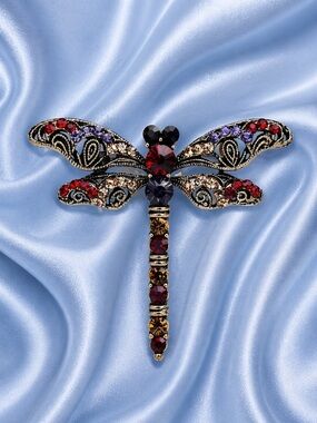 Dragonfly Red Crystal Gold Brooch